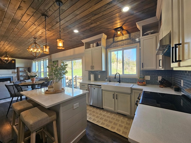 kitchen with wood ceiling, a sink, under cabinet range hood, stainless steel appliances, and dark wood-type flooring