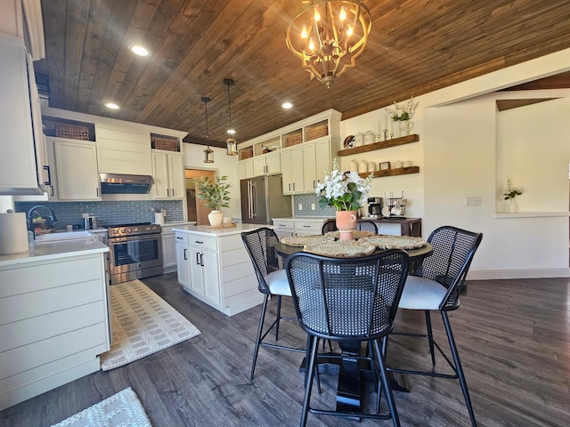 kitchen with a kitchen island, open shelves, light countertops, wooden ceiling, and stainless steel appliances