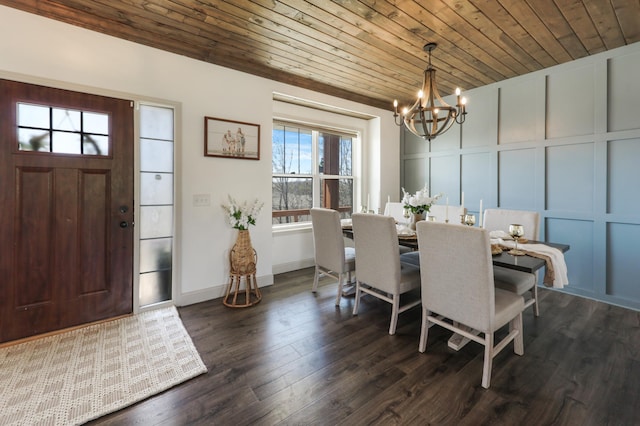 dining room with a wealth of natural light, dark wood-type flooring, a chandelier, and wooden ceiling