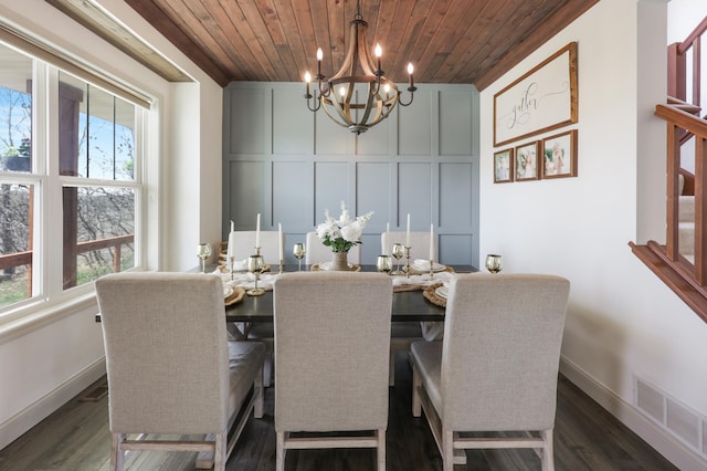 dining space with an inviting chandelier, wood ceiling, plenty of natural light, and visible vents