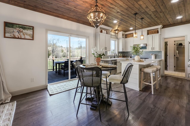 dining room with wooden ceiling, recessed lighting, and a chandelier