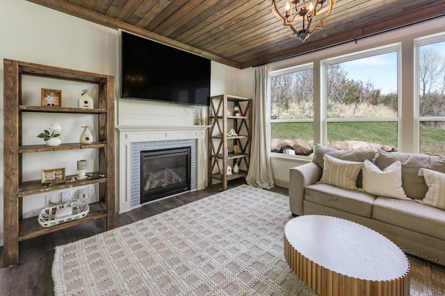 living area featuring a glass covered fireplace, wooden ceiling, and wood finished floors