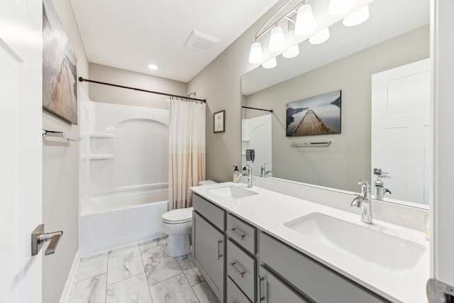 2133 Johanna Cir, Lino Lakes, MN 55038 - full bathroom with shower / tub combo, marble look tiles, toilet, double vanity, and recessed lighting