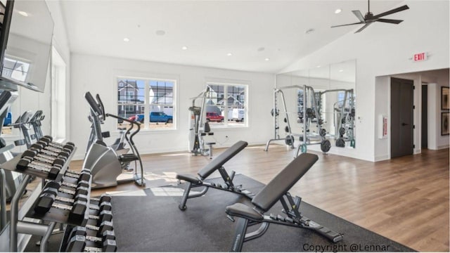 2133 Johanna Cir, Lino Lakes, MN 55038 - gym featuring wood finished floors, ceiling fan, recessed lighting, lofted ceiling, and baseboards