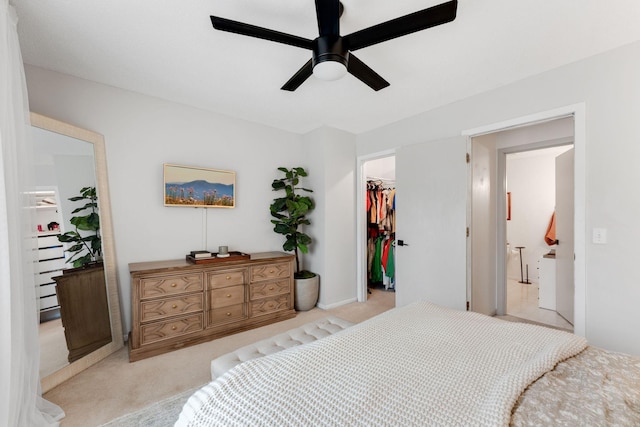 bedroom with a walk in closet, ceiling fan, a closet, and carpet flooring