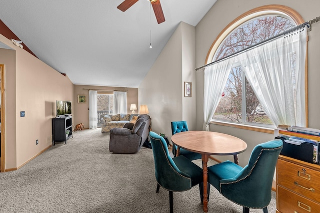 26294 3rd St W, Zimmerman, MN 55398 - carpeted dining room with ceiling fan, vaulted ceiling, and baseboards