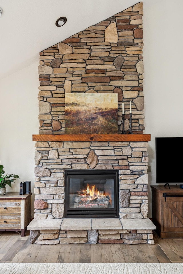 details with wood finished floors and a stone fireplace