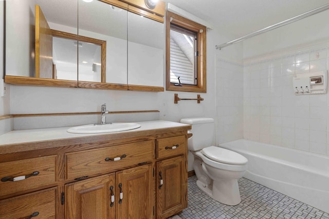 34470 Spruce Ln, Pequot Lakes, MN 56472 - bathroom with toilet, vanity, shower / bathtub combination, and tile patterned floors