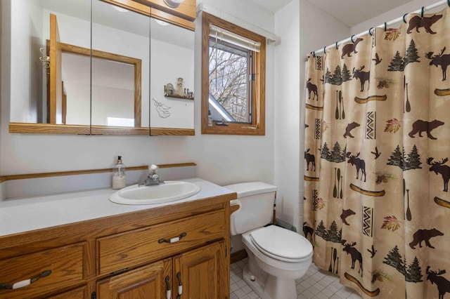 34470 Spruce Ln, Pequot Lakes, MN 56472 - bathroom with toilet, vanity, tile patterned floors, and a shower with curtain