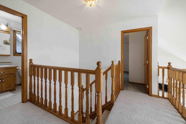 34470 Spruce Ln, Pequot Lakes, MN 56472 - hallway with an upstairs landing and light carpet