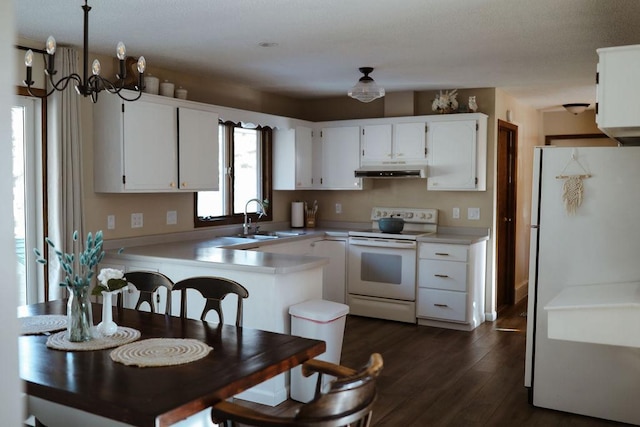 kitchen featuring a sink, white appliances, light countertops, white cabinetry, and under cabinet range hood