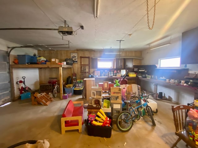 garage featuring a workshop area and a garage door opener