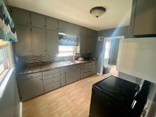 kitchen featuring visible vents, gray cabinets, backsplash, and a sink