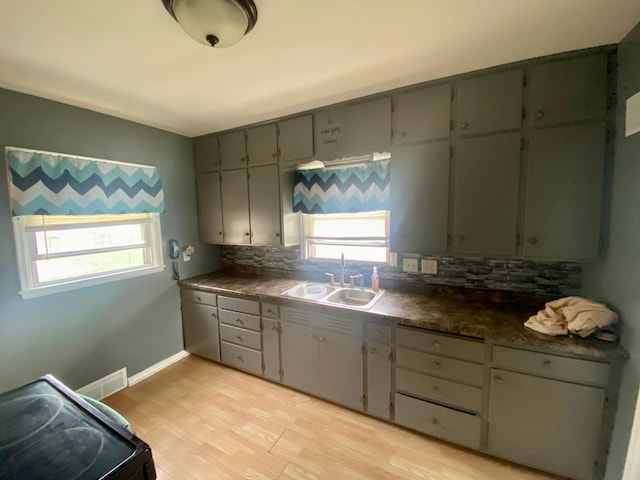 kitchen featuring dark countertops, a sink, a healthy amount of sunlight, and tasteful backsplash
