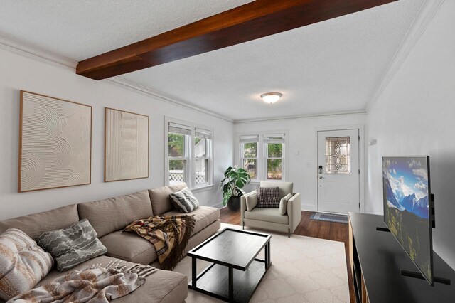 6049 Wentworth Ave, Minneapolis, MN 55419 - living room with wood finished floors, ornamental molding, beam ceiling, and a textured ceiling