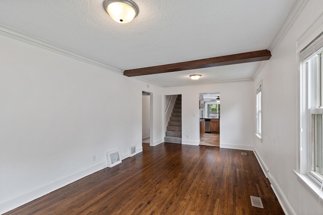 6049 Wentworth Ave, Minneapolis, MN 55419 - unfurnished room with stairs, wood finished floors, ornamental molding, beamed ceiling, and a textured ceiling