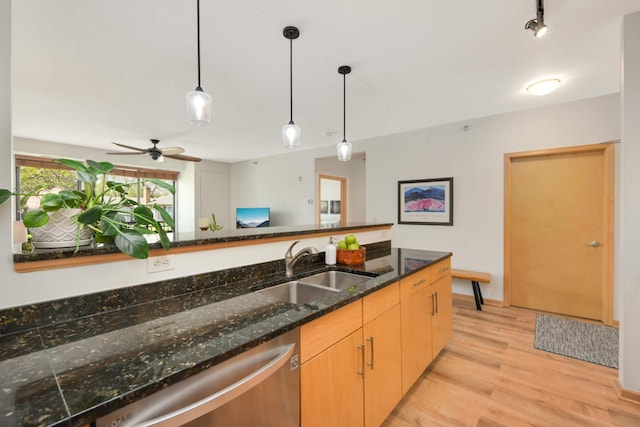 kitchen with a sink, stainless steel dishwasher, light wood-style flooring, pendant lighting, and a ceiling fan