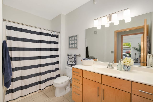 full bath with tile patterned floors, toilet, vanity, and a shower with shower curtain
