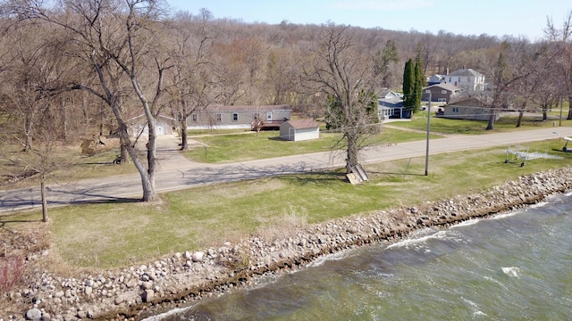 view of yard with driveway and a view of trees