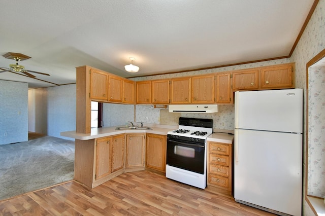 kitchen with freestanding refrigerator, wallpapered walls, gas range, extractor fan, and light countertops