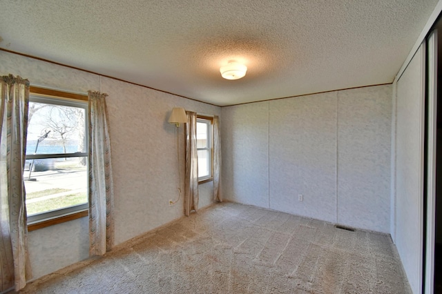 empty room featuring a textured ceiling, visible vents, and carpet