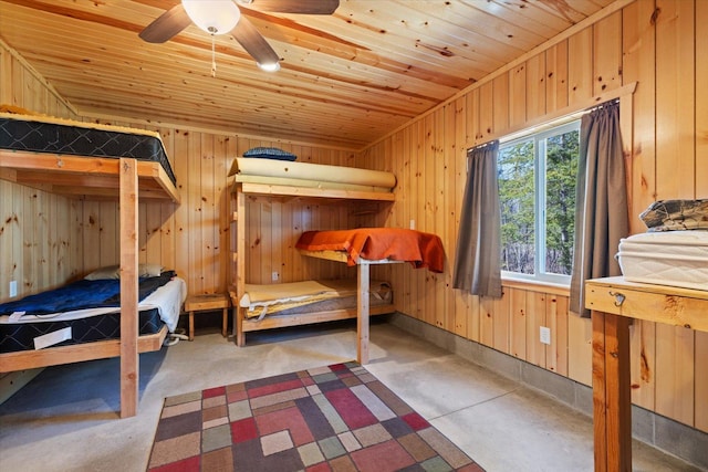 8494 Peary Junction Rd, Kelsey, MN 55724 - bedroom featuring wood walls, wooden ceiling, and concrete floors