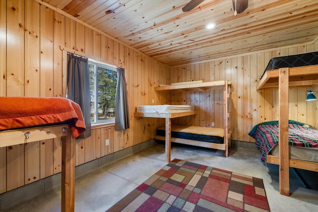 8494 Peary Junction Rd, Kelsey, MN 55724 - bedroom featuring concrete flooring, wooden ceiling, and wood walls