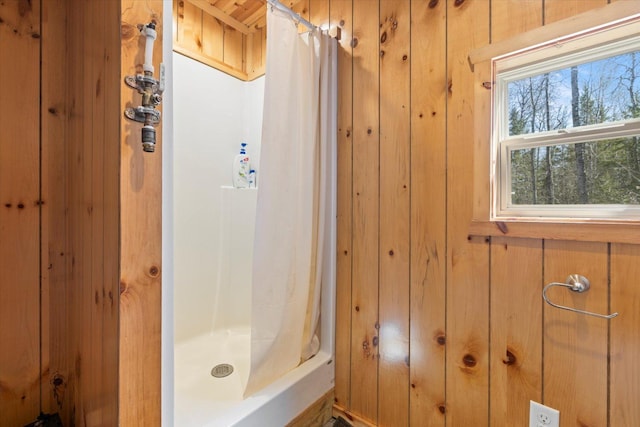8494 Peary Junction Rd, Kelsey, MN 55724 - bathroom with a stall shower and wooden walls