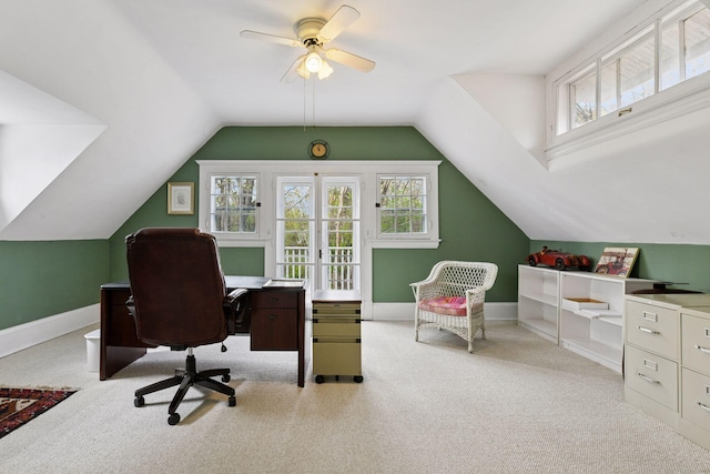 office with vaulted ceiling, baseboards, ceiling fan, and carpet flooring