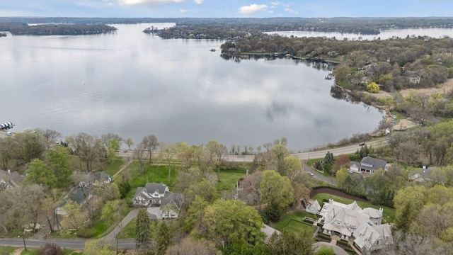drone / aerial view featuring a water view