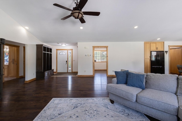 living area featuring dark wood-style floors, baseboards, recessed lighting, and ceiling fan