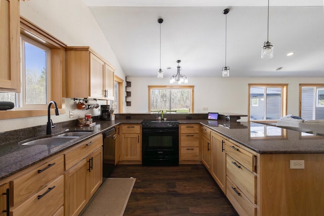 kitchen featuring black appliances, a sink, plenty of natural light, dark wood-type flooring, and lofted ceiling
