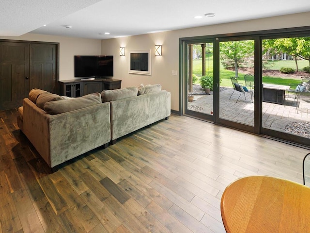 living area with wood finished floors and recessed lighting