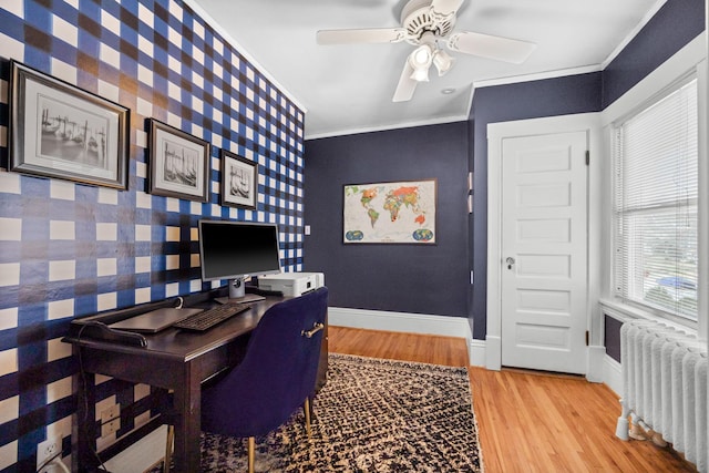 office featuring ceiling fan, radiator heating unit, baseboards, wood finished floors, and ornamental molding