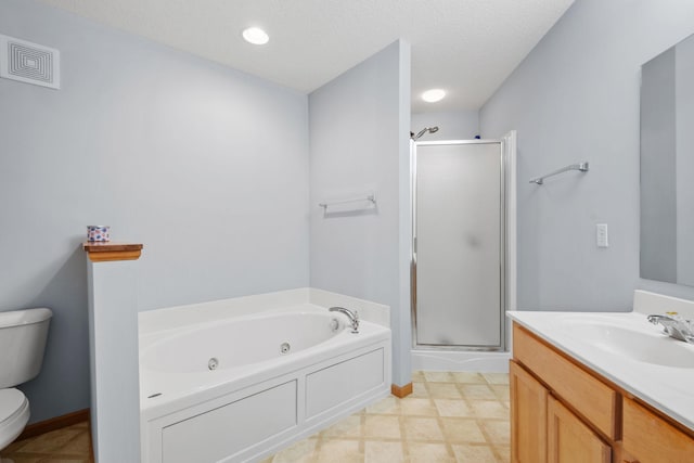 15601 Lilac Dr, Eden Prairie, MN 55347 - full bathroom featuring toilet, a stall shower, a tub with jets, vanity, and a textured ceiling