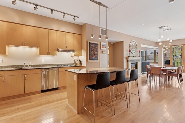 401 2nd St Unit 202, Minneapolis, MN 55401 - kitchen with stainless steel appliances, under cabinet range hood, dark stone countertops, light wood-type flooring, and visible vents