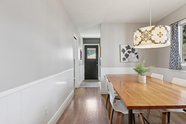 dining space with a wainscoted wall, wood finished floors, and a textured ceiling
