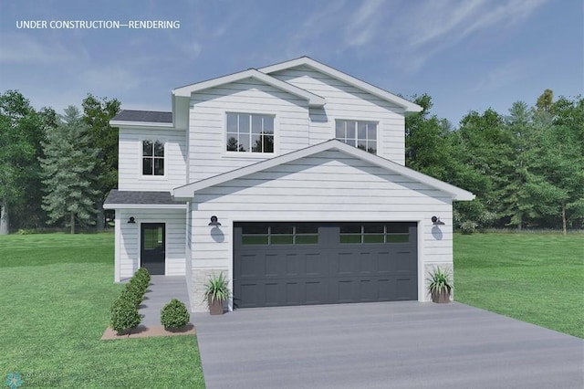 view of front of house with a garage, a shingled roof, driveway, and a front yard