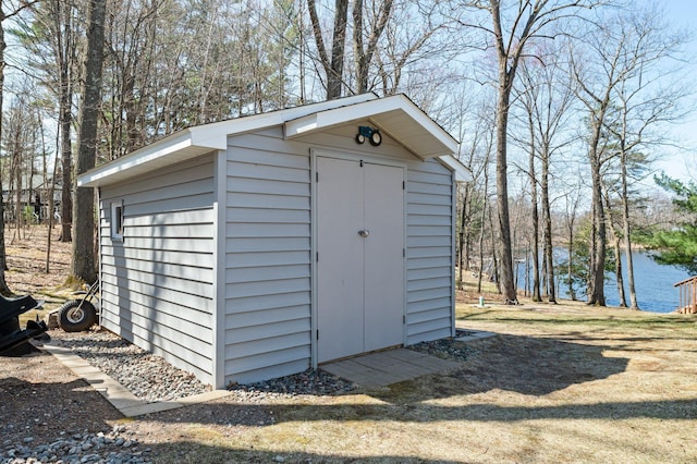 view of shed featuring a water view