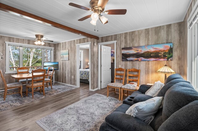 living area featuring ceiling fan, beam ceiling, wood finished floors, baseboards, and wooden walls