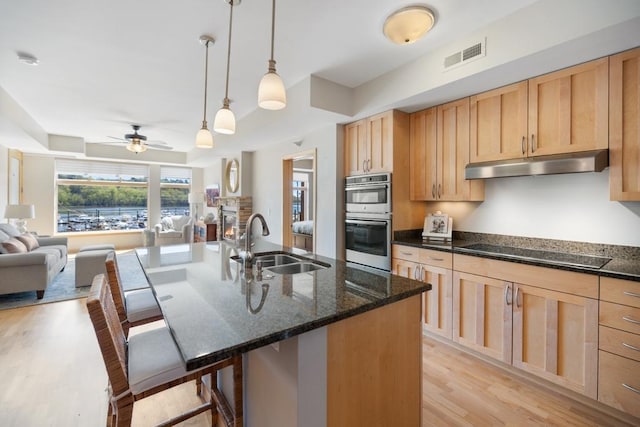 kitchen with a sink, under cabinet range hood, black electric stovetop, double oven, and open floor plan