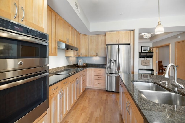 kitchen featuring light wood finished floors, light brown cabinets, appliances with stainless steel finishes, and a sink