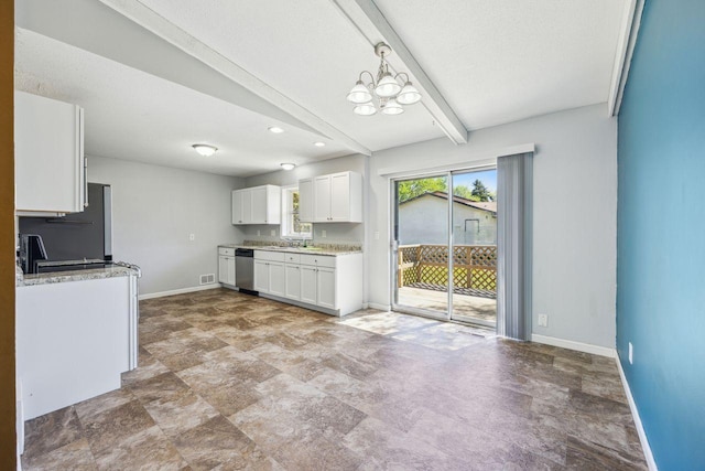 8040 Xenia Ave N, Brooklyn Park, MN 55443 - kitchen featuring stainless steel dishwasher, baseboards, white cabinets, a chandelier, and a sink