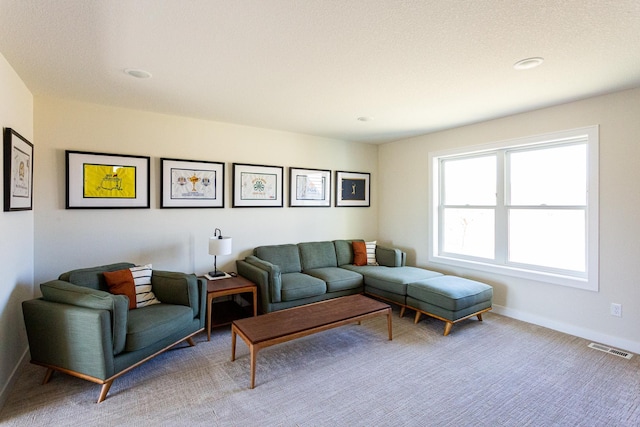 carpeted living area with visible vents and baseboards