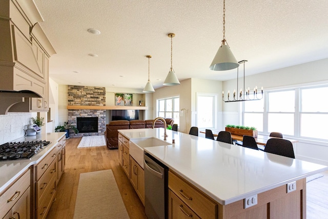 kitchen featuring appliances with stainless steel finishes, a sink, a stone fireplace, an island with sink, and light wood-style flooring