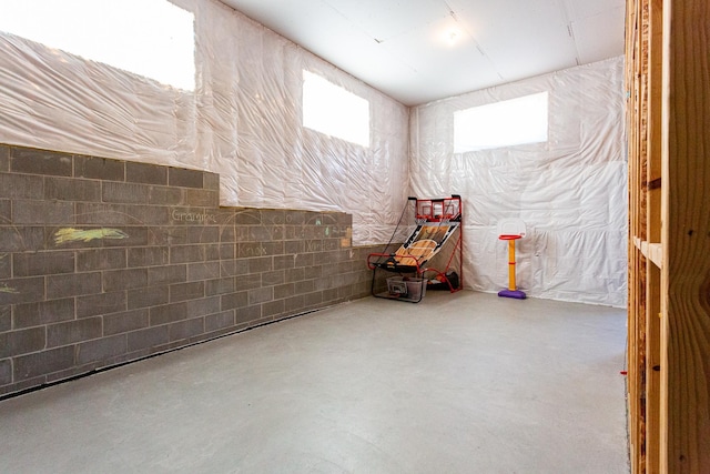below grade area with concrete block wall