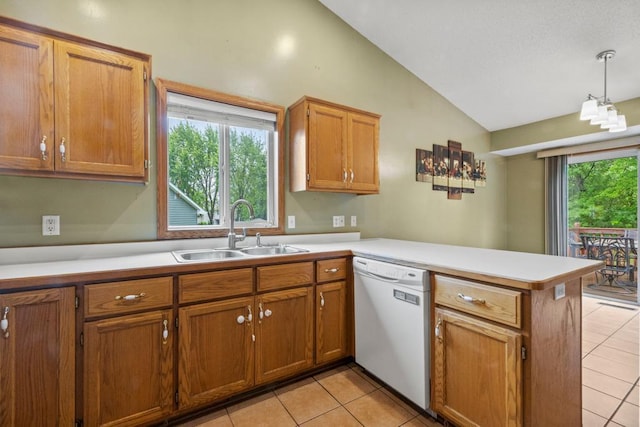 1312 Widgeon Way, Buffalo, MN 55313 - kitchen featuring dishwasher, a peninsula, light tile patterned flooring, light countertops, and high vaulted ceiling