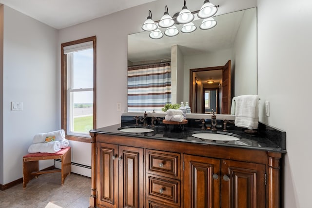 full bath with baseboard heating, healthy amount of natural light, double vanity, and a shower with shower curtain