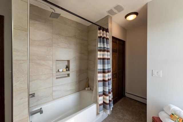 full bath featuring baseboard heating, shower / tub combo, and tile patterned floors