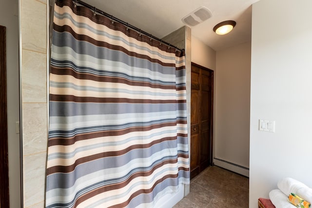 full bath with a baseboard radiator, tile patterned flooring, and a shower with shower curtain